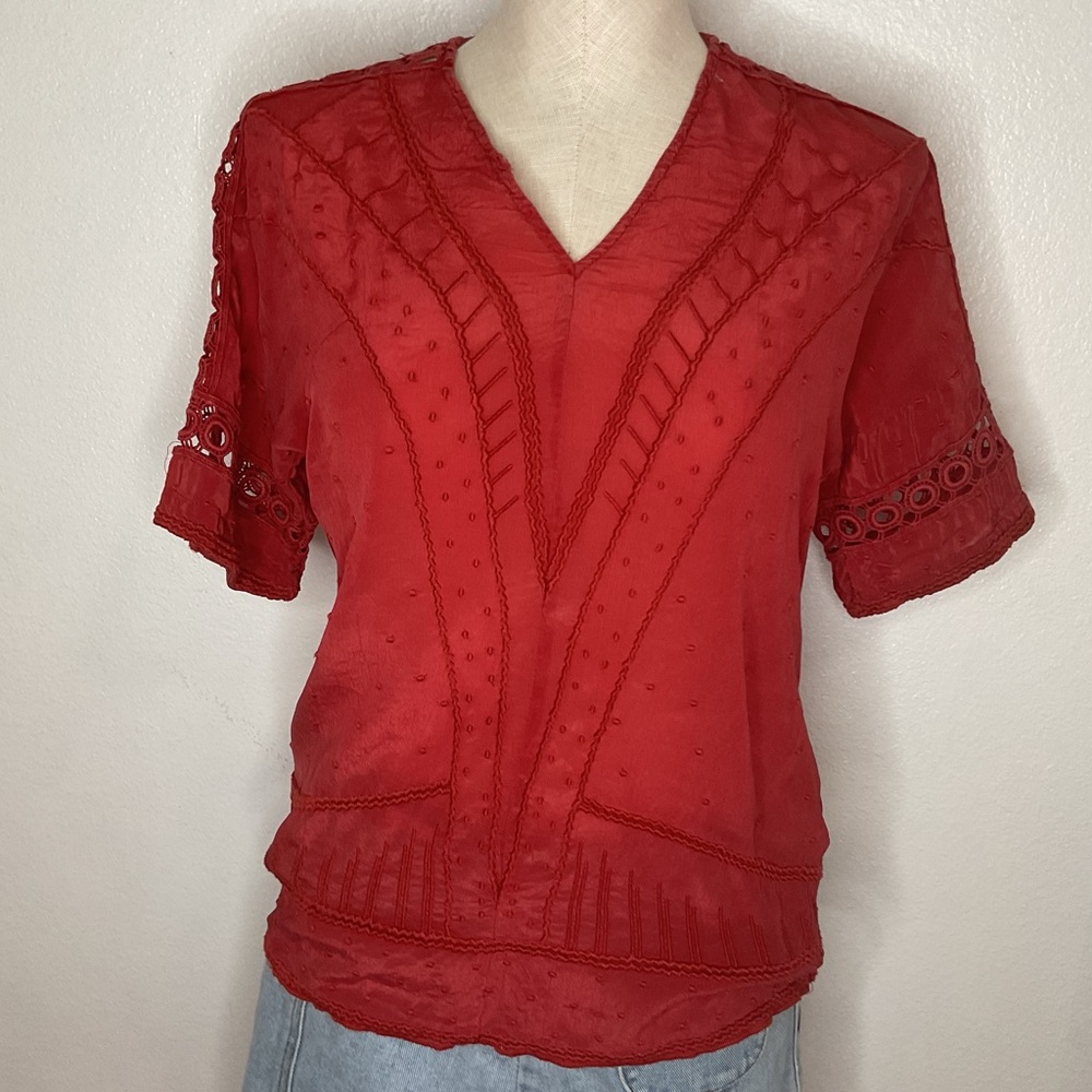Sundance Embroidered Crochet Short Sleeve Top Blouse Rust